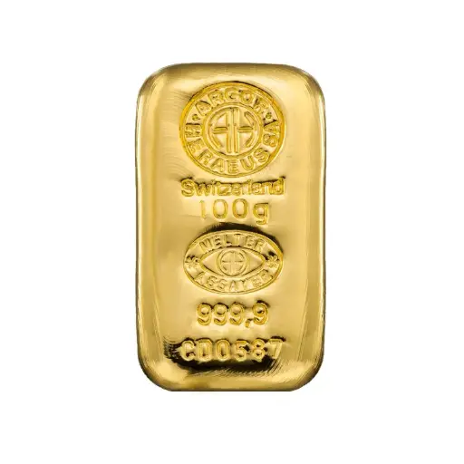 [100g_gold_Heraeus_Swiss_cast] 100g - 9999 Gold - Switzerland - Cast Bar